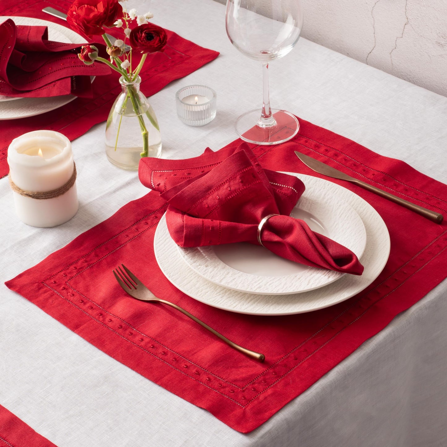 Linen Napkins Set of 4-100% Pure Linen Red Embroidered Dinner Napkins - Hemstitch Cloth Napkins Washable for 4th of July