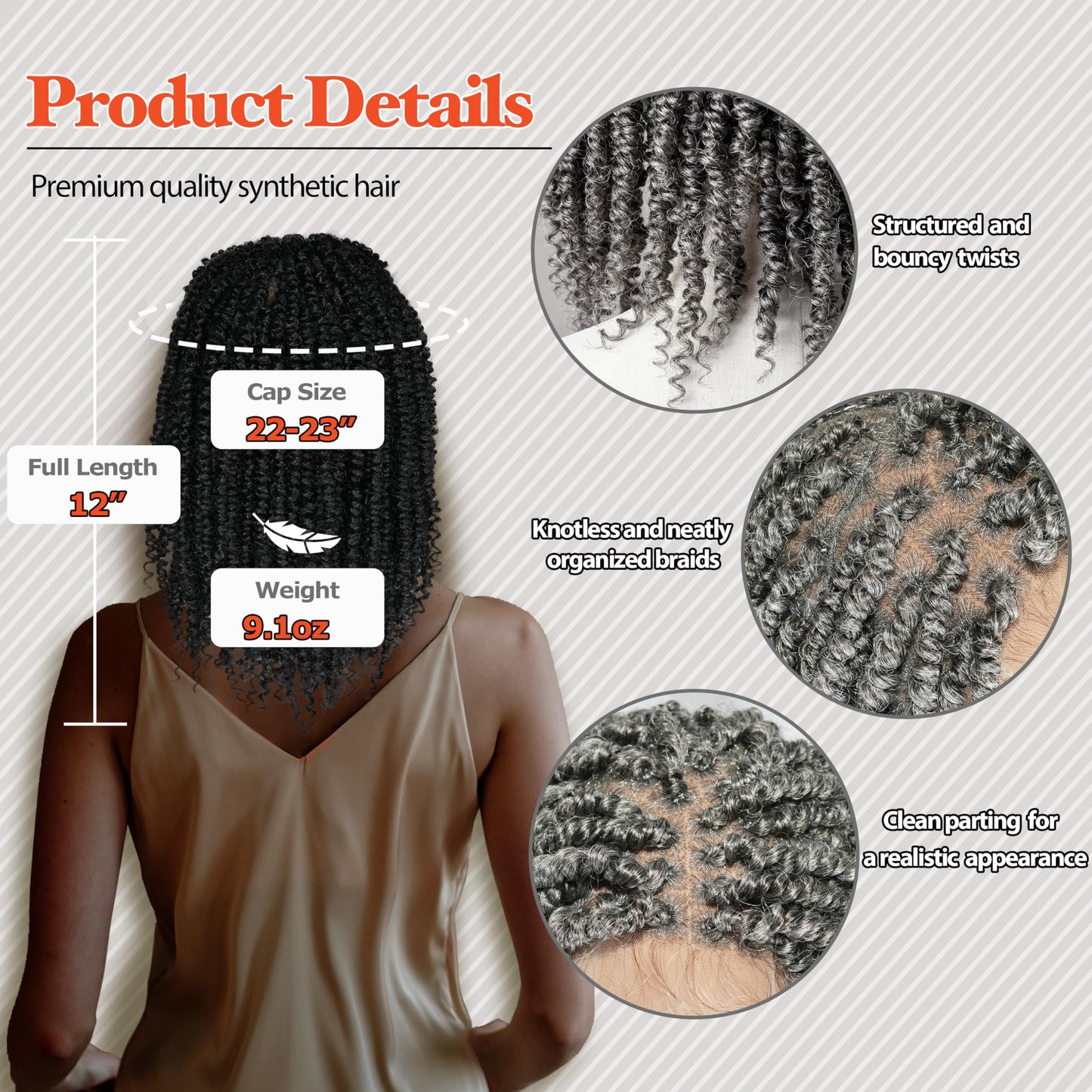 RAHELMO 12” Single Full Lace Wig Passion Twist - Square Parted Knotless Braided Wigs for Black Women - Synthetic HD Lace Wig with Natural Baby Hair (#1 Jet Black)