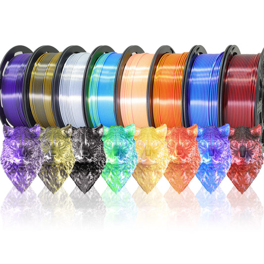 8 Spools Dual Color Silk PLA 3D Printer Filament Bundle, Silk White/Black, Red/Black, Gold/Black, Purple/Black, Purple/Blue, Red/Gold, Green/Blue, Yellow/Pink, 1.75mm Bicolor Silk PLA 250gX8