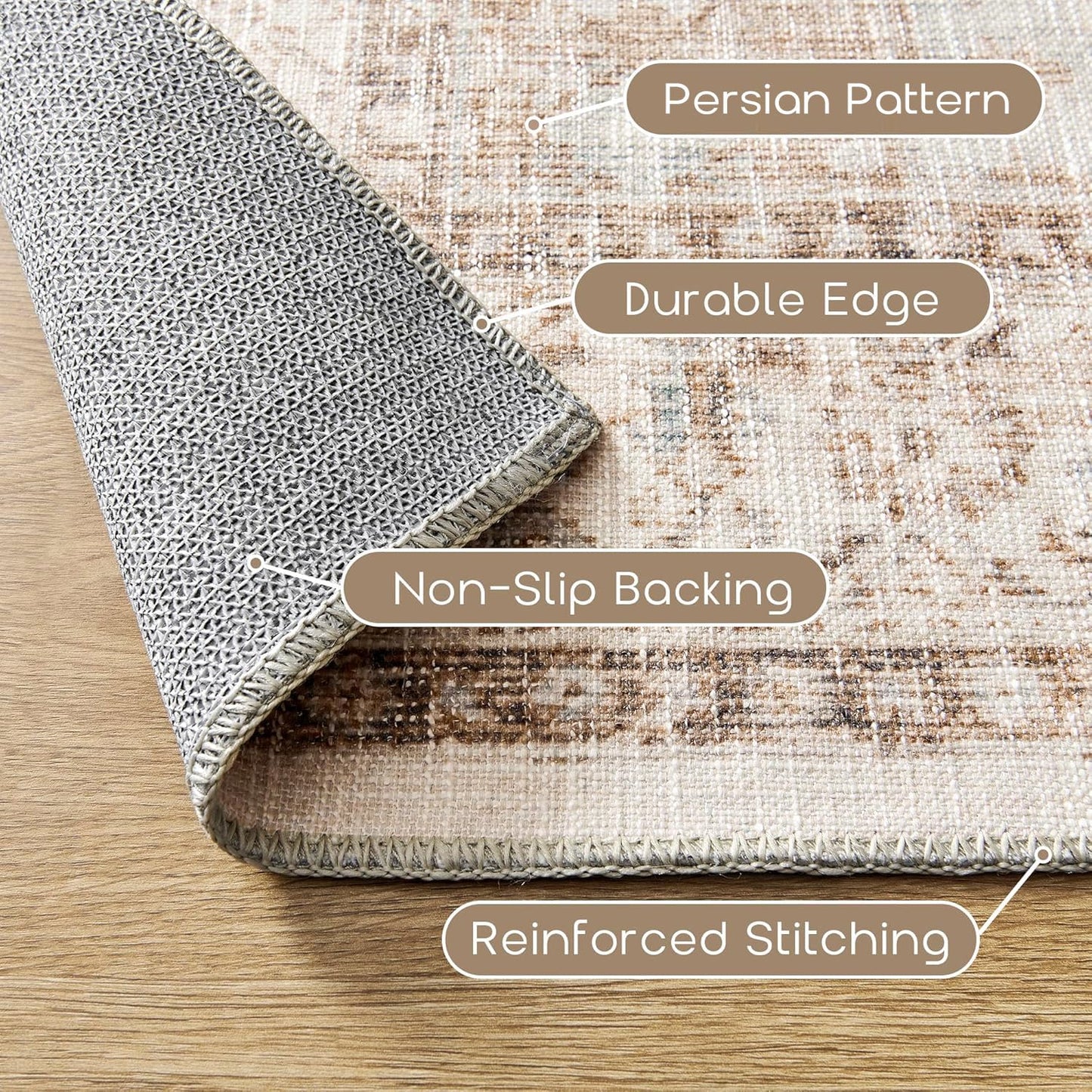 BILEEHOME Boho Farmhouse Bedroom Rug Washable Easy Clean Stain Resistant Vintage Country Rustic Neutral Persian Area Rug for Dining Room Under Table,Light Tan Brown Beig with Terracotta Pattern,5x8