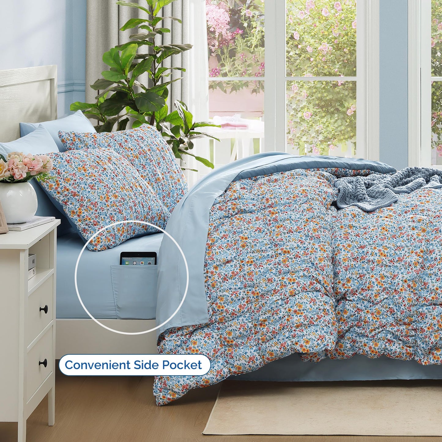 BLOOMHAVEN Full Size Comforter Sets-7 Pieces Puff Marigold Blue Floral Bedding Set for All Seasons, Shabby Chic Farmhouse Bed in a Bag Full with Floral Comforter, Sheets, Pillowcases & Shams