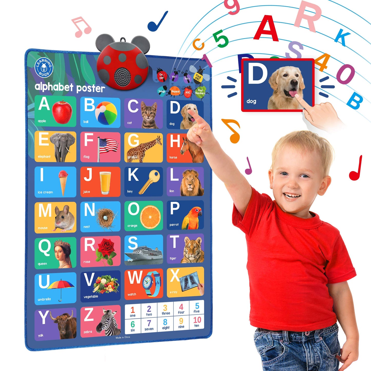 Learning Bugs Interactive ABC & 123s Talking Poster & Musical Wall Chart, Educational Toys for Toddlers