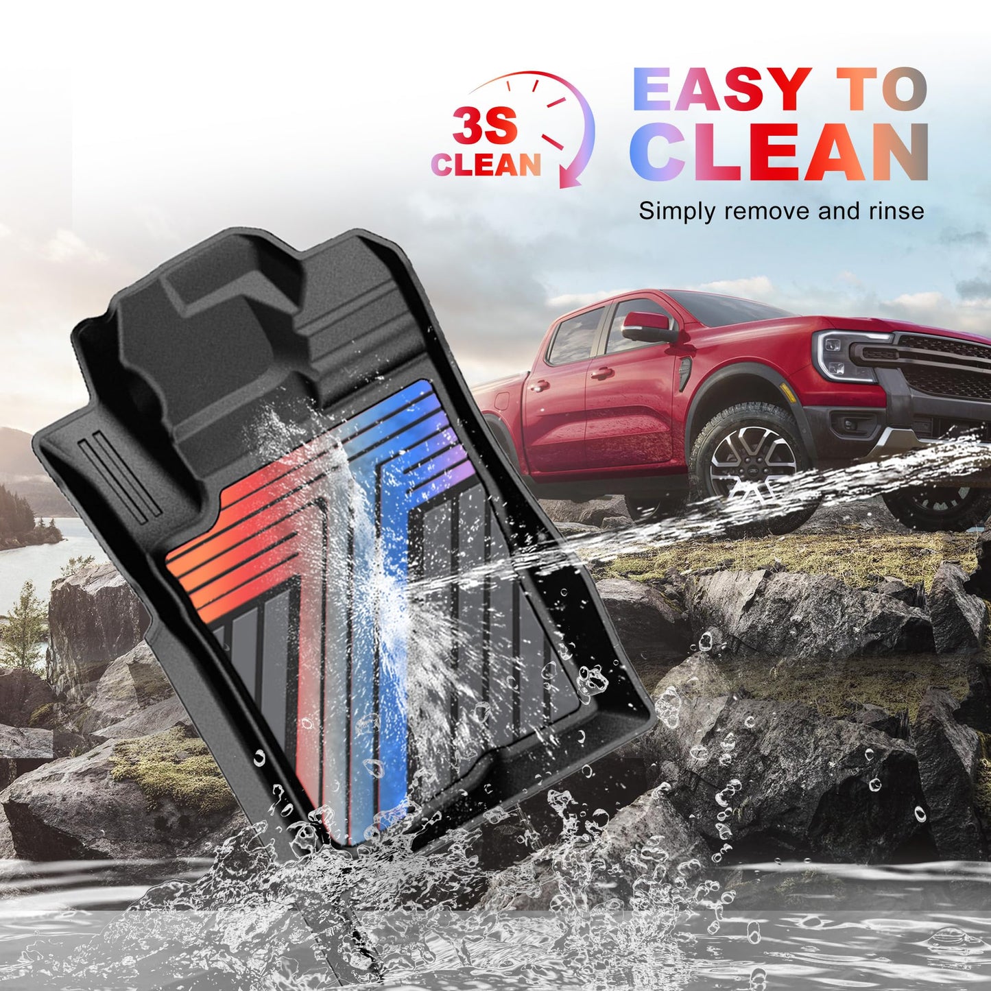 AOMSAZTO Floor Mats for Ford Ranger SuperCrew Cab 2024 2025 2026, 1st & 2nd Row All Weather Protection Car Liners Waterproof Anti Skid Mats (Gray)