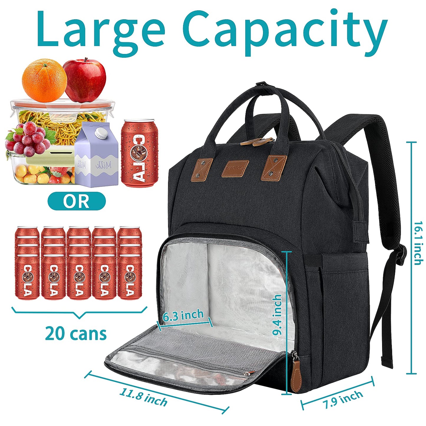MAQTOIZ 17 Inch Laptop Backpack, Large Lunch Backpack for Women Men Gifts, Travel Carry On with Lunch Box and USB Port, Insulated Cooler Bookbag Nurse Work Backpacks, Black