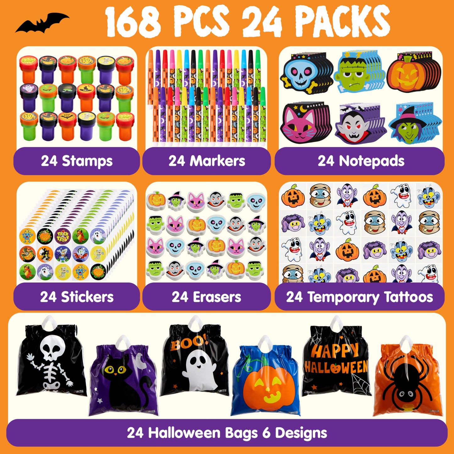 168 Pcs 24 Pack Assorted Halloween Art and Craft Stationery Kids Gift Set Trick or Treat Party Favor Toy Including Halloween Bag, Notepads, Stamps, Pencils, Stickers and Temporary Tattoos