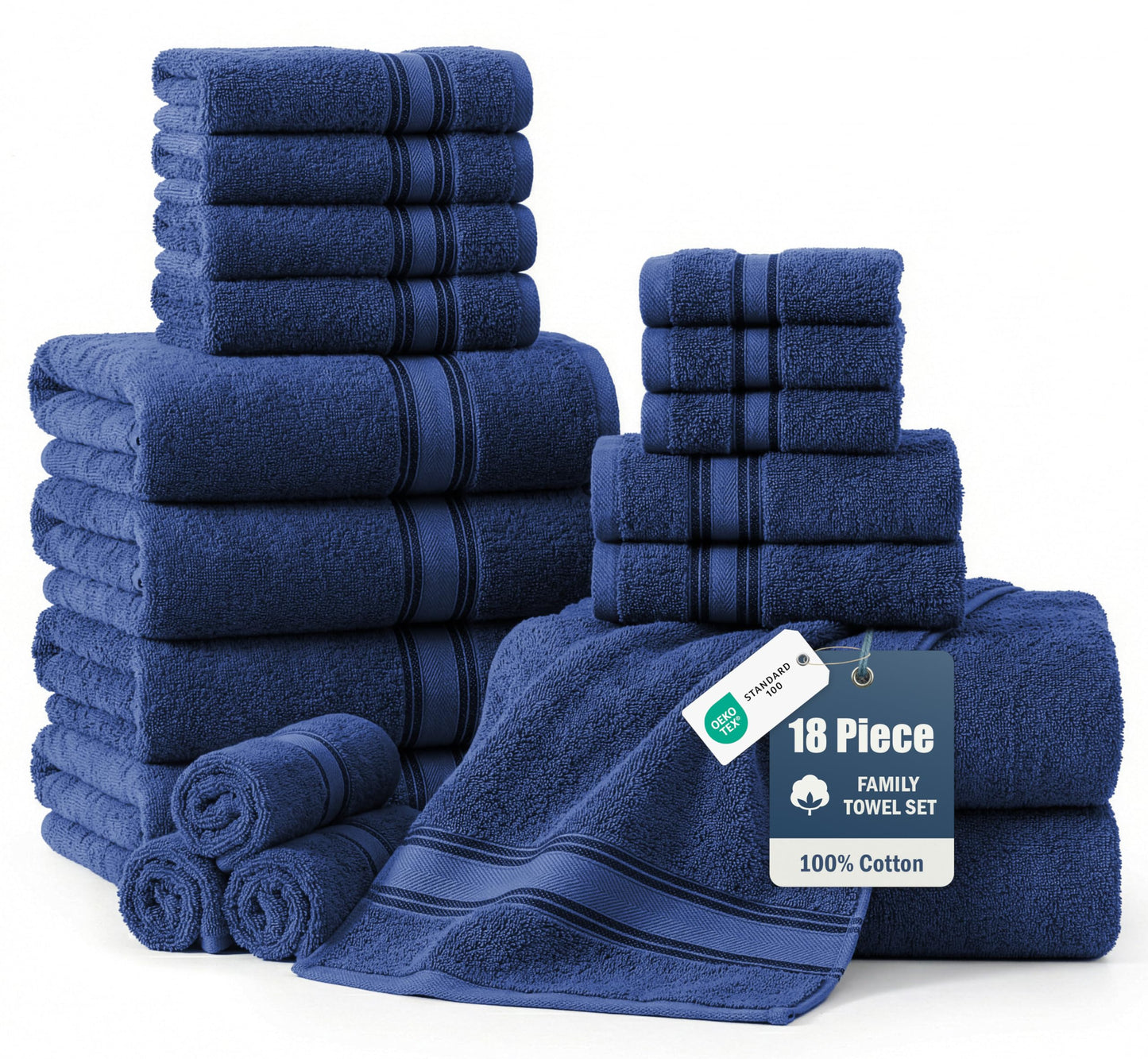 LANE LINEN 100% Mercerized Cotton Bath Towel Set of 18 – Zero Twist Shower Towels, 6 Bath, 6 Hand Towel & 6 Washcloths, Quick-Dry, Luxuriously Soft & Durable, Perfect for Everyday use – Navy