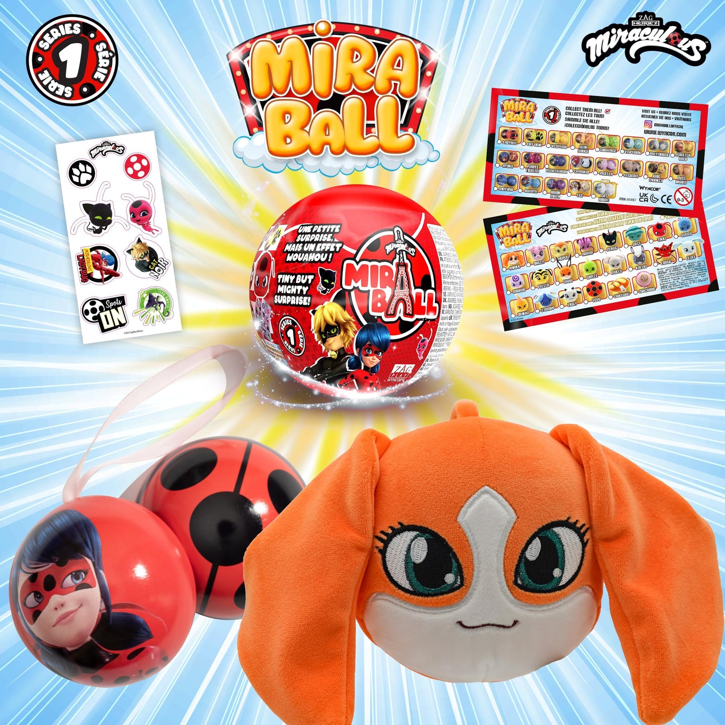 Miraculous Ladybug, 4-1 Capsule Collectible Toy, [PACK OF 4], Surprise Miraball with expanding Plush Kwami, Collectible Character Metal Case, Glittery Stickers & hanging Display Ribbon