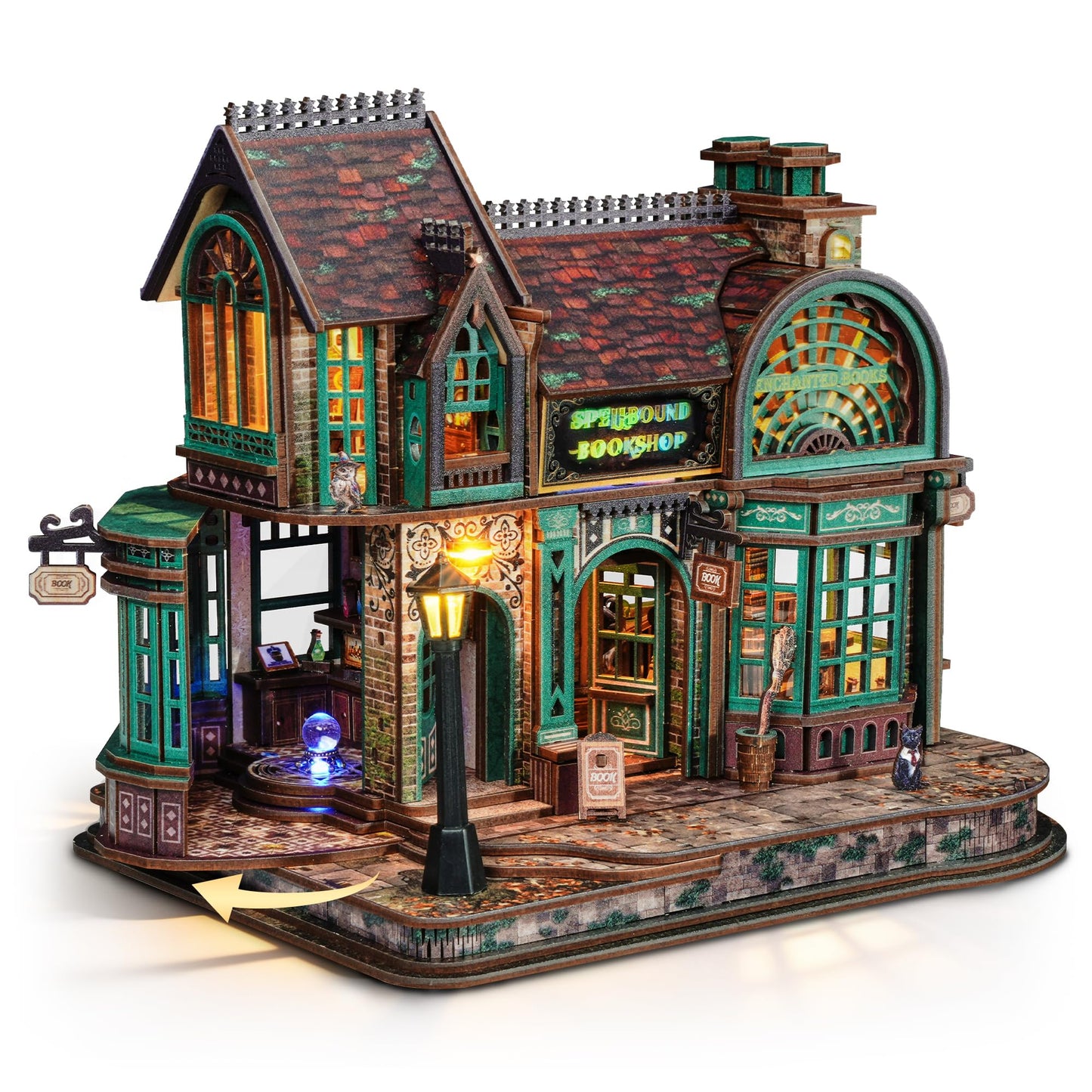 FUNPOLA 3D Wooden Puzzle Magic Bookstore with LED Lights - DIY Miniature Kit, Spellbound Bookshop, Home Décor Display, Creative Gift for Adults and Teens