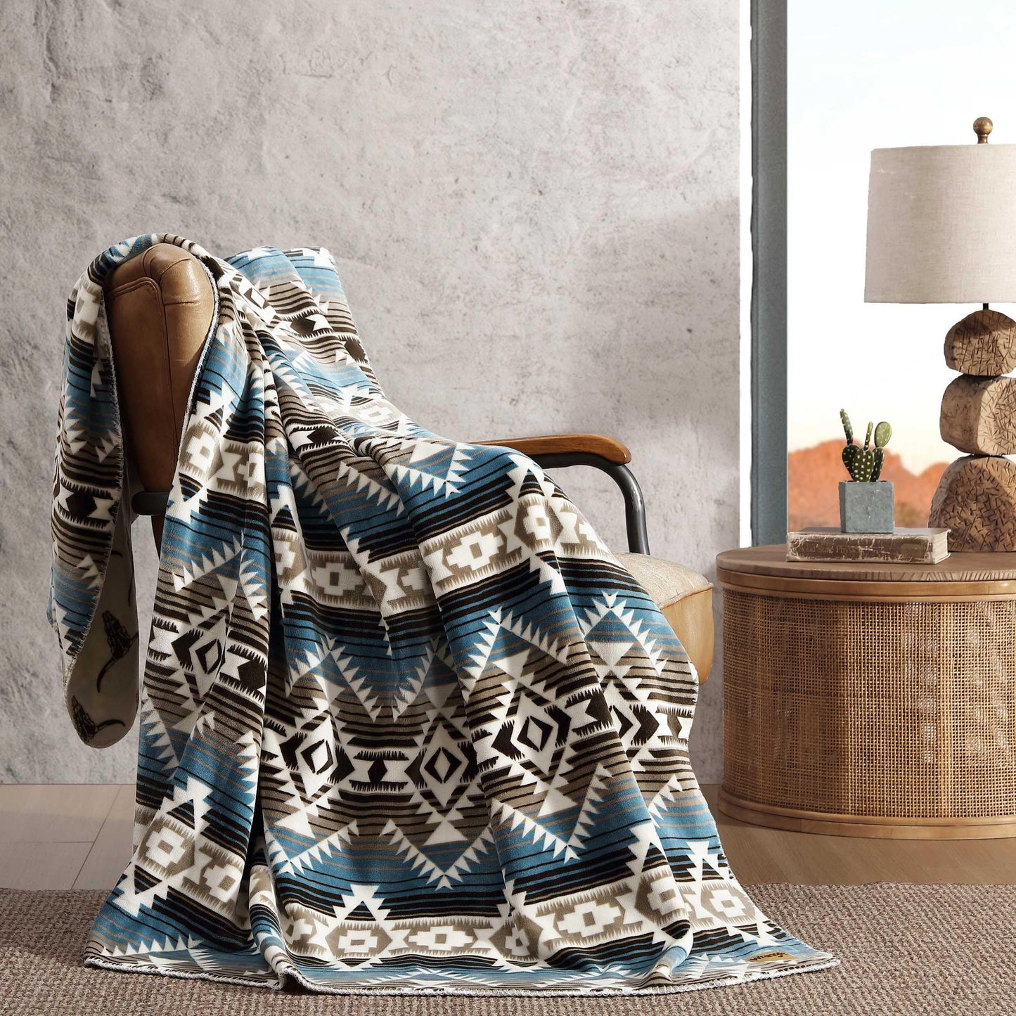Wrangler - Oversized Fleece Throw Blanket for Couch 60x70, Ultra Soft Reversible Plush Blanket, Americana Decor, Cozy Western Style Throw for Sofa, Bed, Living Room (Jericho Aqua/Brown)