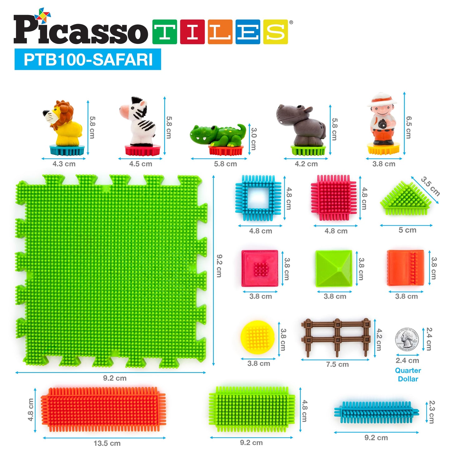 PicassoTiles PTB100 100pcs Bristle Lock 3D Building Blocks Tiles Safari Theme Set Learning Playset STEM Toy Set Educational Kit Child Brain Development Preschool Kindergarten Toy for Age 3 & Up