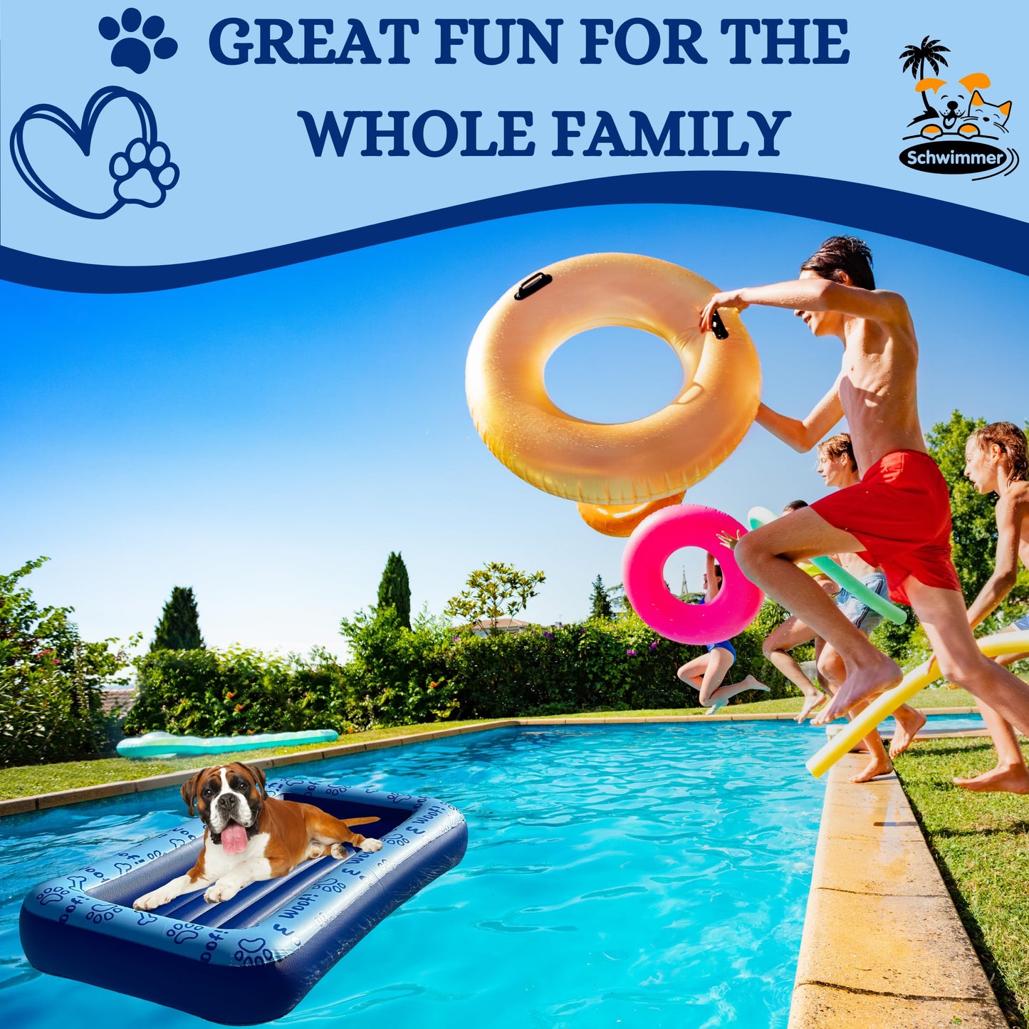Schwimmer Dog Pool Float – Premium Pool Float for Large Dogs up to 220lbs – Durable & Inflatable Dog Raft for Pool & Lake – Comfortable & Safe Floating Mat for Summer Fun – Blue