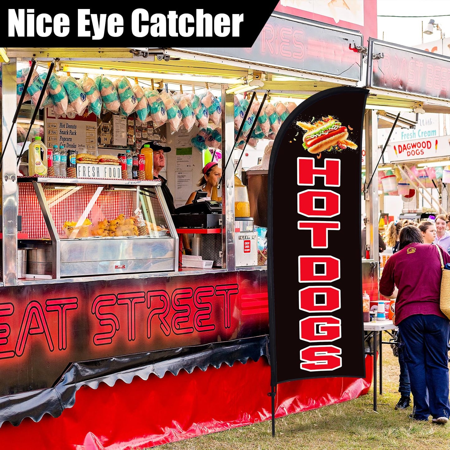 Buryeah 2 Sets Hot Dogs Feather Flag Kit 7 x 5.4 ft Hot Dogs Swooper Flag Pole Kit with Pole Ground Stake and Portable Bag Hot Dog Sign for Restaurant Advertising Business Outside Ground (Black)