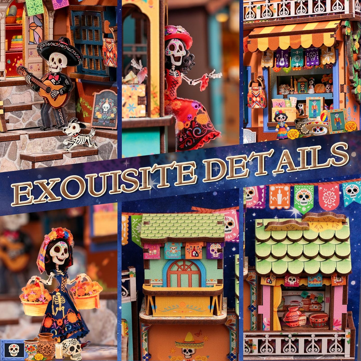 Cutefun DIY Book Nook Kits for Adults Mexican Art and Culture, Decorative Bookends for Bookshelf with LED Light & Dust Cover, 3D Wooden Puzzle Booknook for Teens Creative Gifts (Plaza de Los Muertos)
