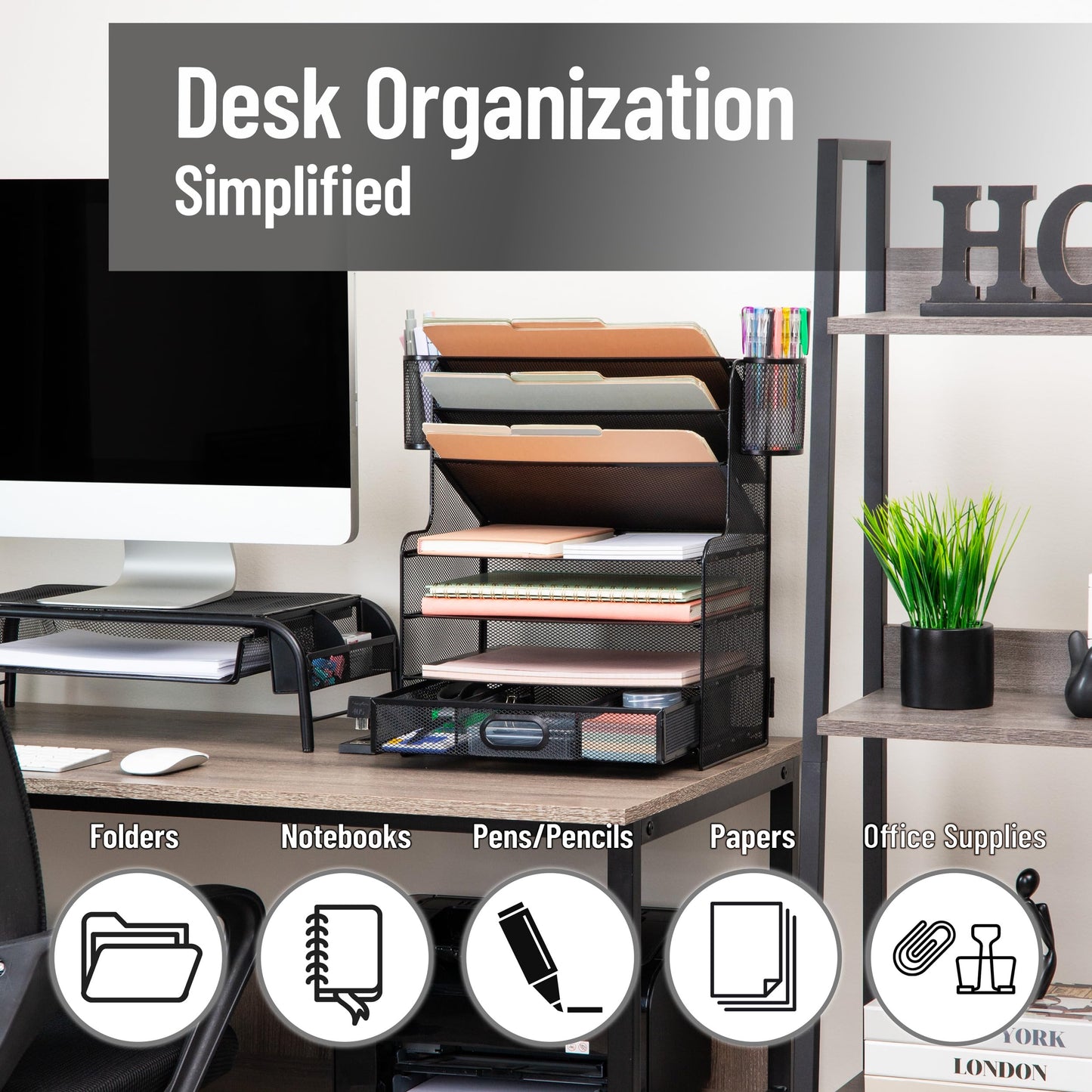 Mind Reader Mesh Desk Organizer, 6 Compartments, 1 Drawer, 2 Pen Cups, Office Desktop Organizer, Metal Mesh, Black