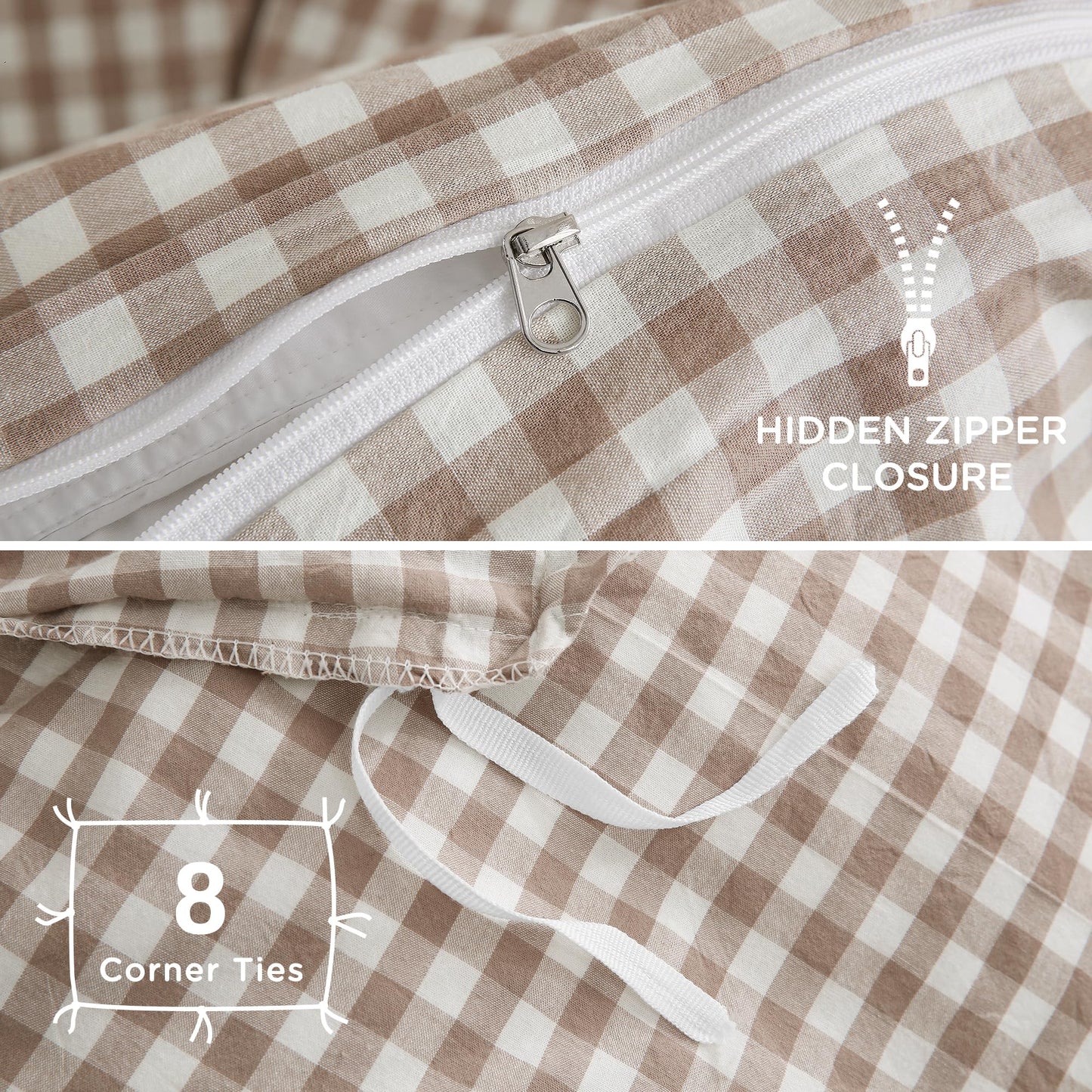 TOCOMOA Tan Gingham Duvet Cover Bedding Set 100% Washed Cotton Like Linen Feel Super Soft Comfy 3 Piece Brown Vintage Plaid Checkered Fall Comforter Cover Set (King 104"x90", Comforter Not Included)