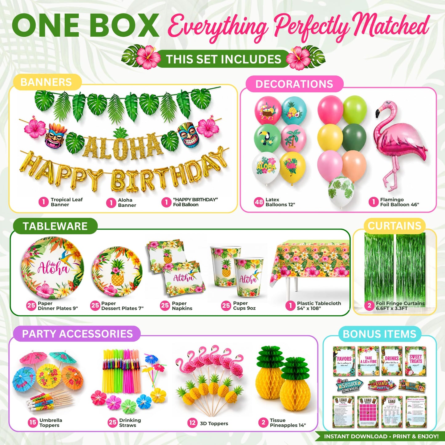 RainMeadow Premium Luau Birthday Party Decorations Set for 25 guests - Hawaiian Theme with Aloha Banner, Balloons, Flamingo, Tableware - Tropical Luau Party Supplies
