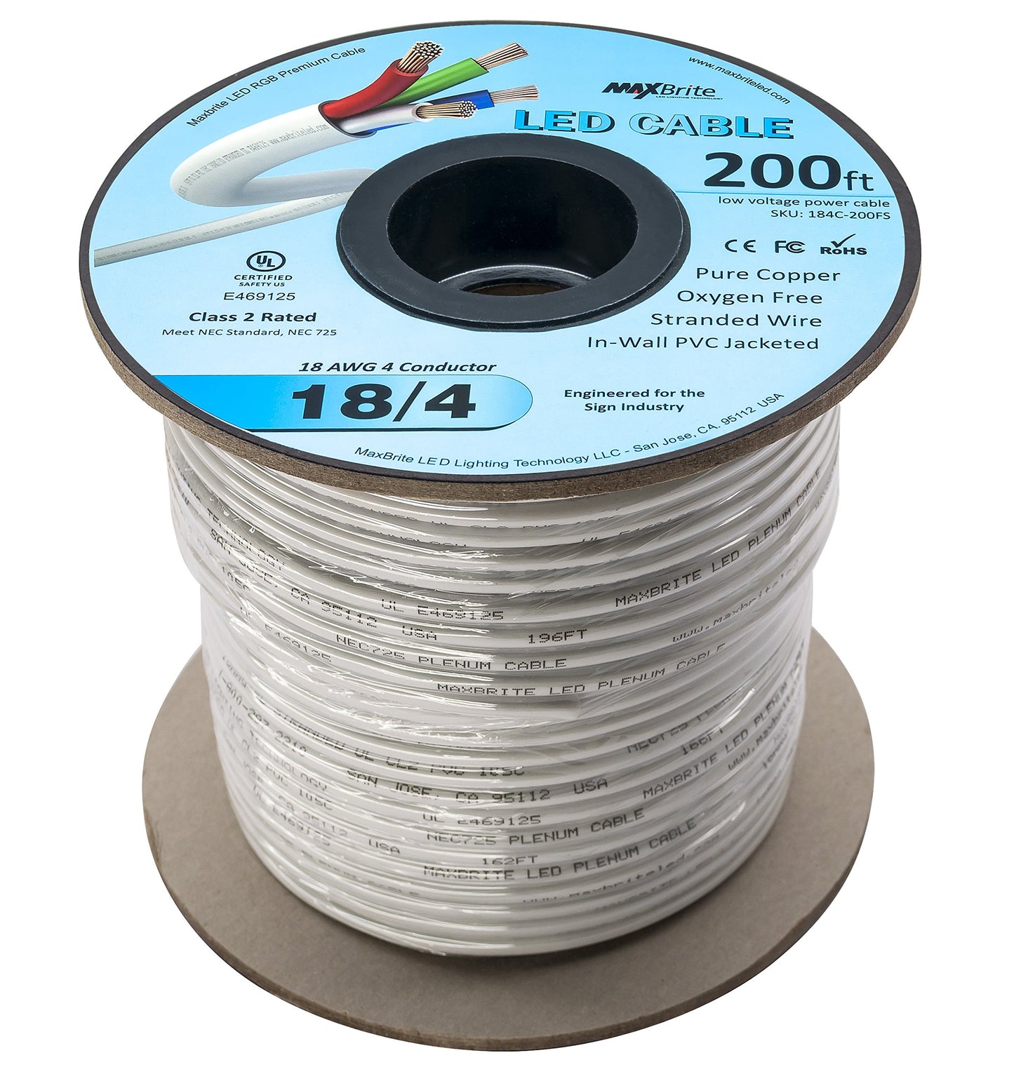 LED Cable 4 Conductor Jacketed in-Wall Speaker Wire UL/cUL Class 2 (200ft. Spool)