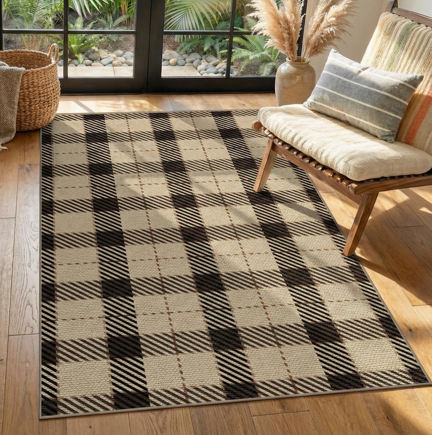 Washable Plaid Indoor Outdoor Rug 3x5 for Front Porch, Entryway, Patio, No Shed Easy Jute Non Slip TPR Backing Area Rug for Large Kitchen, Farmhouse Black & Tan Checkered Seagrass Aesthetic