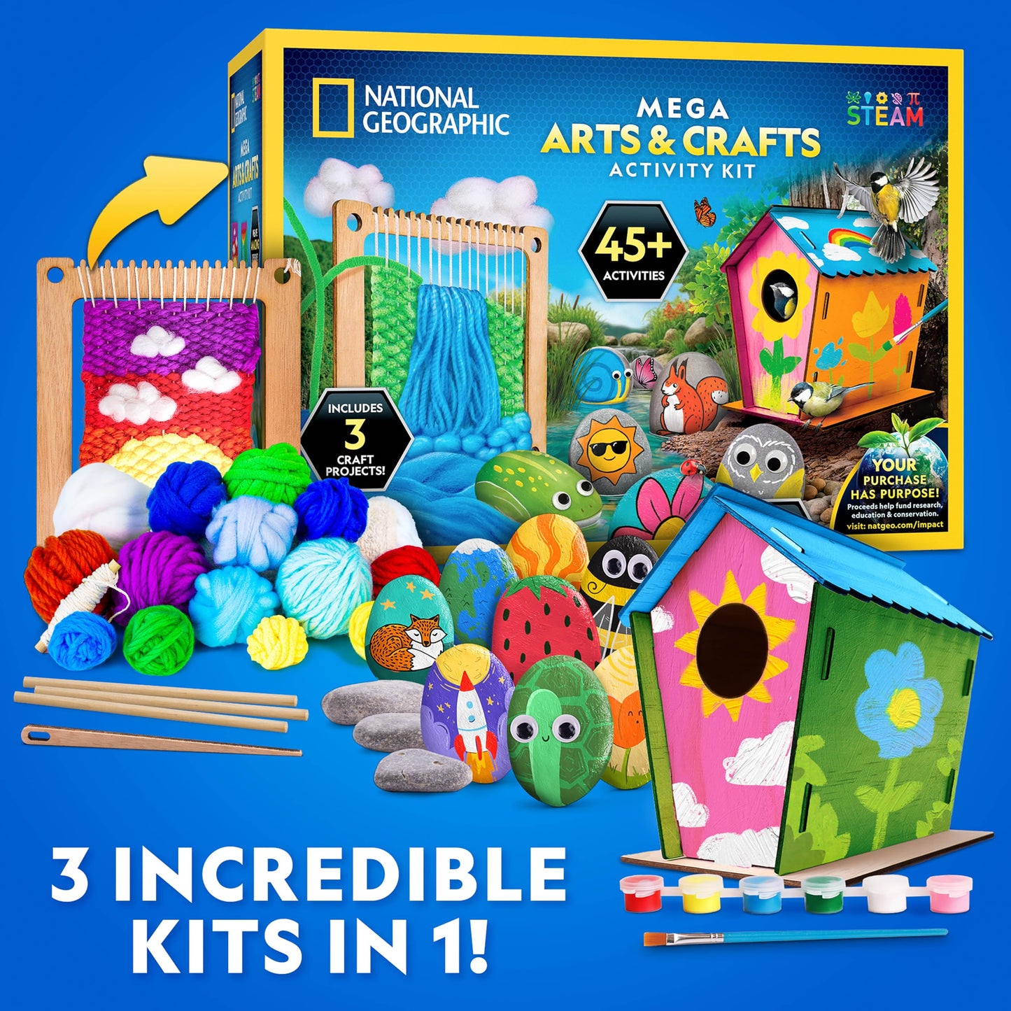 Blue Marble National Geographic Mega Arts & Crafts Activity Kit – 3 Craft Kits in 1 to Build, Paint, Weave & Create, River Rock Painting Kit, Weaving Loom for Kids & DIY Birdhouse Craft