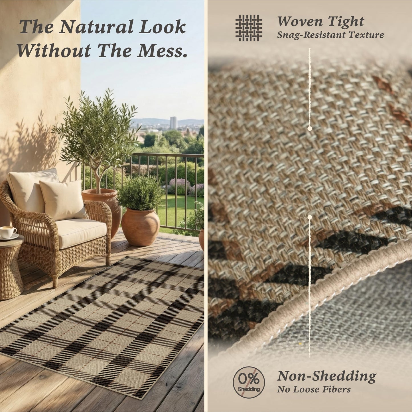 Washable Plaid Indoor Outdoor Rug 3x5 for Front Porch, Entryway, Patio, No Shed Easy Jute Non Slip TPR Backing Area Rug for Large Kitchen, Farmhouse Black & Tan Checkered Seagrass Aesthetic