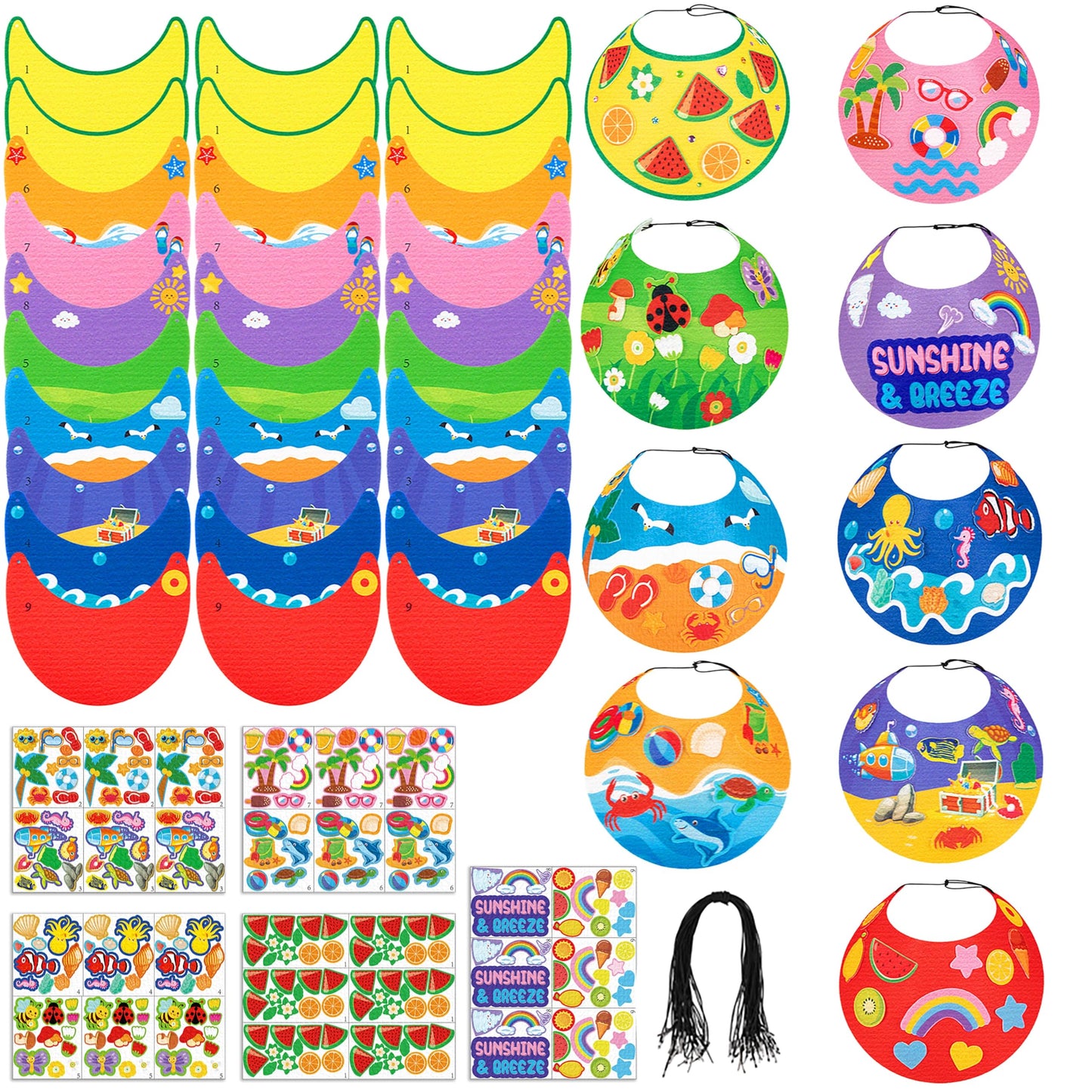 30Sets Summer Felt Visor Hats Crafts Kits for Kids Bulk, DIY Beach Sun Visor Hat Activities with Stickers for Hawaiian/Luau/Under-the-Sea Party Supplies