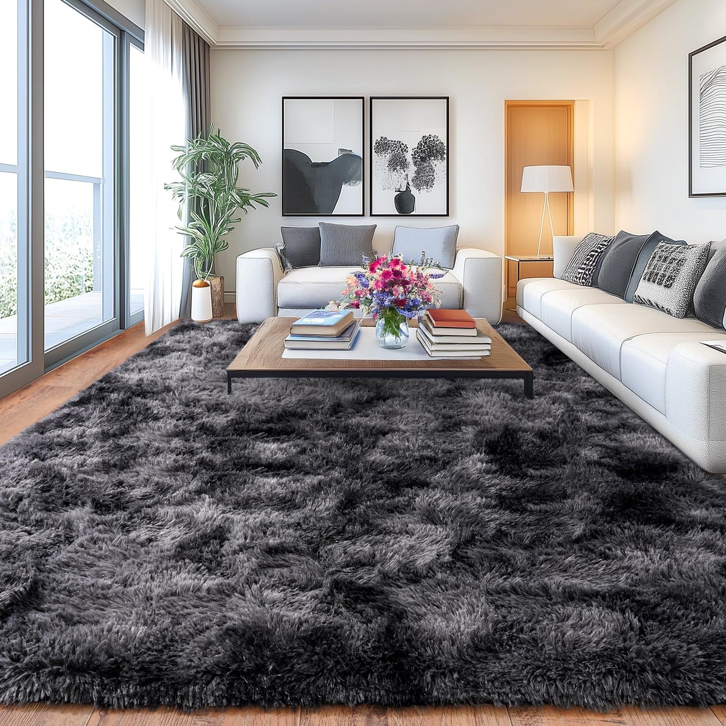 Isdook Shaggy Area Rugs, Fuzzy Rugs for Living Room, Soft Nursery Area Rug for Girls, Tie Dye Black Gray Plush Area Rugs Non Slip, Fluffy Rug Carpet 8x10ft