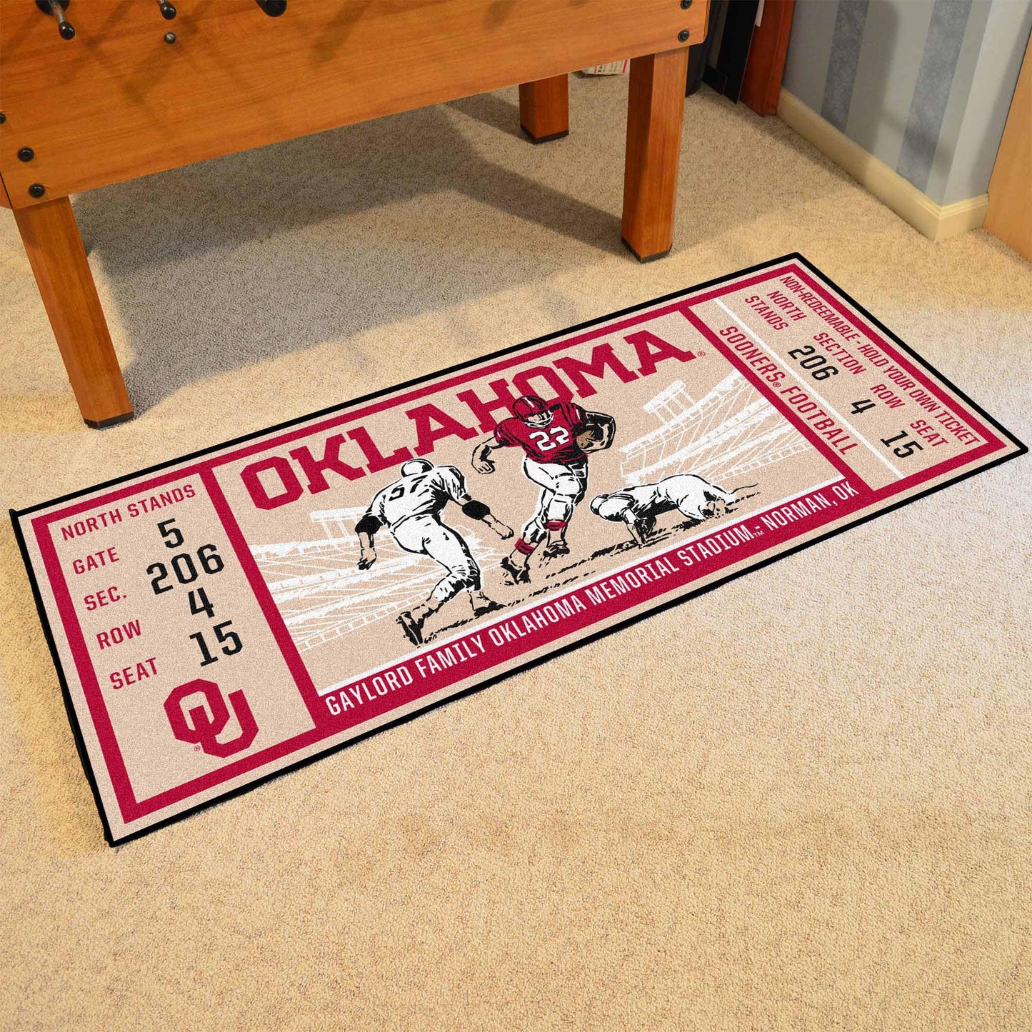FANMATS 23143 NCAA - Oklahoma Sooners Ticket Design Runner Rug - 30in. x 72in. | Sports Fan Area Rug, Home Decor Rug and Tailgating Mat