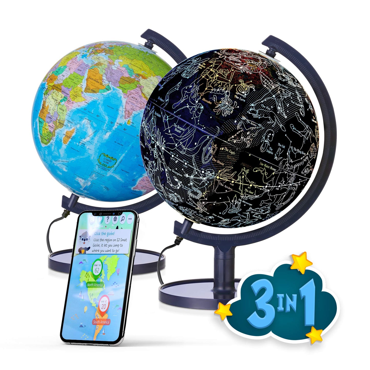 SJSMARTGLOBE Interactive 10" Globe for Children with Stand (DIY) - App-Compatible, 400 Wonders, 1000+ Facts, LED Constellations, STEM Globe, World Lamp & Earth Decor