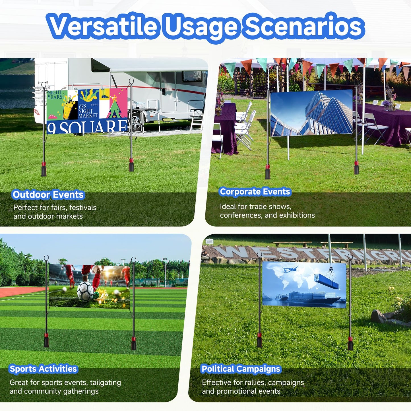 SERABETTO Adjustable Banner Pole with Stake, Outdoor Banner Stand, Portable Display Poles for Trade Shows, Events, and Outdoor Advertising