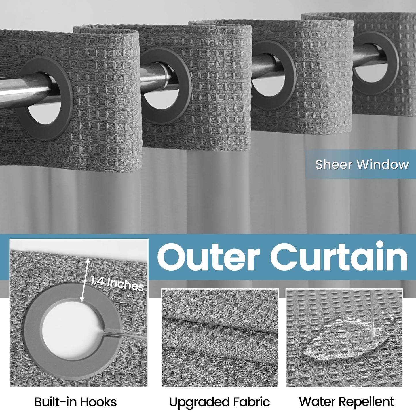 EUTXL Heavyweight Stall No Hook Shower Curtain with Snap in Liner,256GSM Waffle Weave Shower Curtains for Bathroom,60W x 74H,Grey