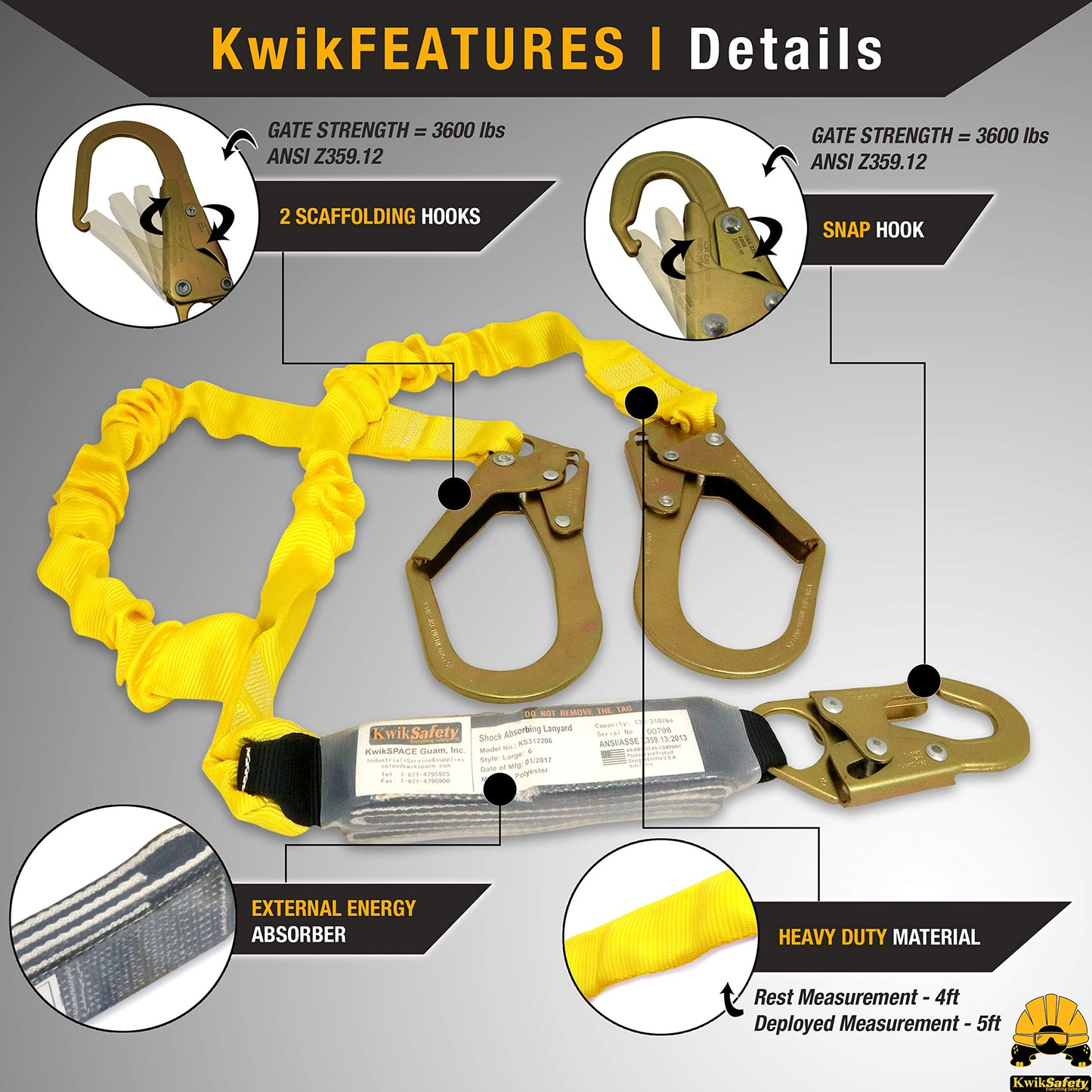 KwikSafety - Charlotte, NC - Python [External Shock Absorber] Double Leg 6ft Safety Lanyard OSHA ANSI Fall Protection Restraint Equipment Snap Rebar Connectors Construction Arborist Roofing