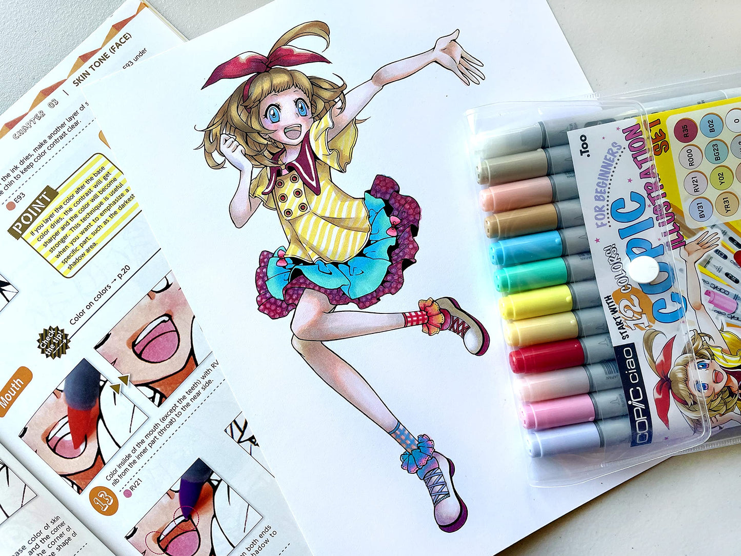 Copic Ciao Illustration Book Bundle Set, Alcohol-Based Markers (12 pcs) with an Instruction Book