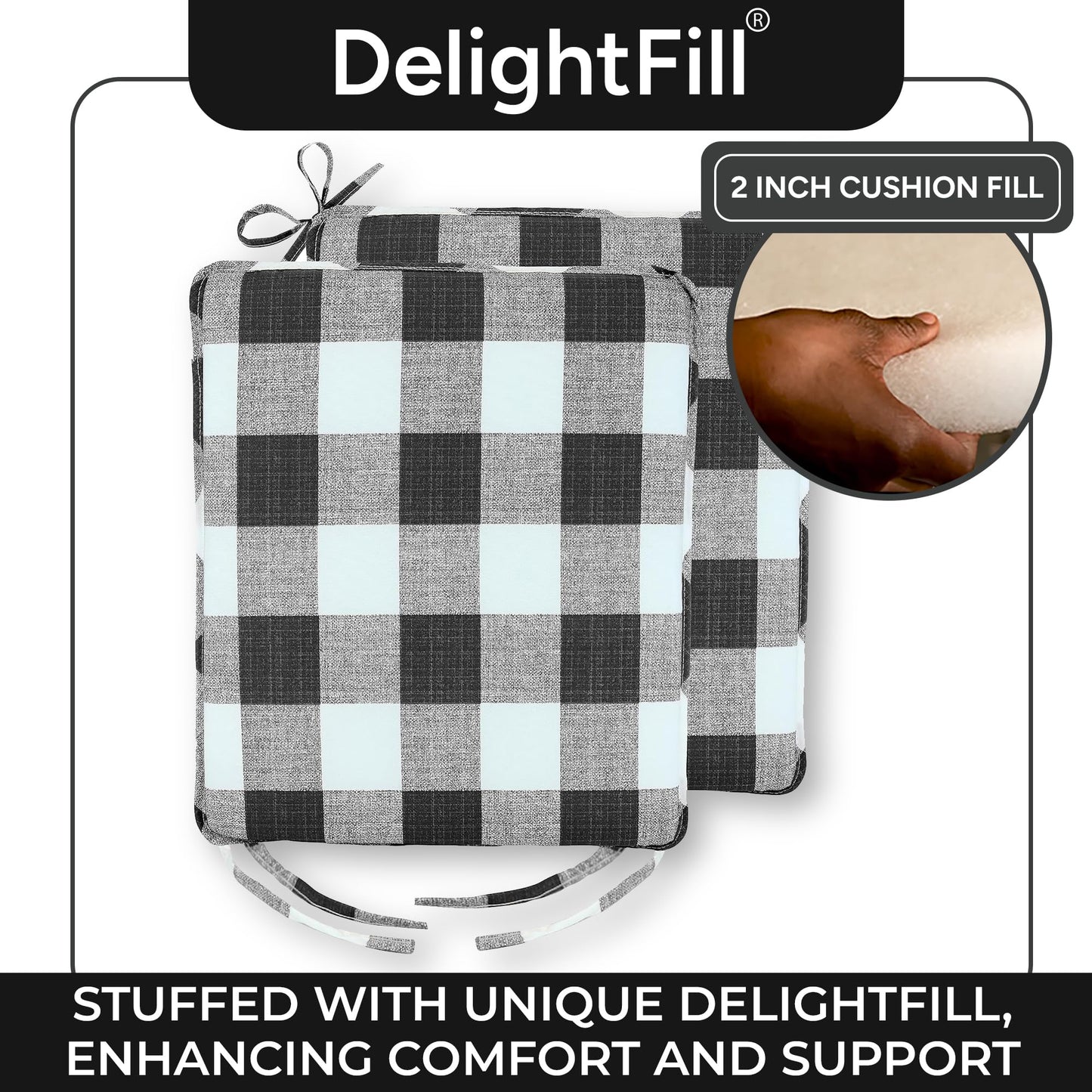 Klear Vu Porch Rocking Chair Cushion Set for Indoor and Outdoor Use, Assembled in The USA, Easy to Clean Stylish Seat and Back Pads with Fabric Ties, 20" x 17" x 2", Jurby Black/White