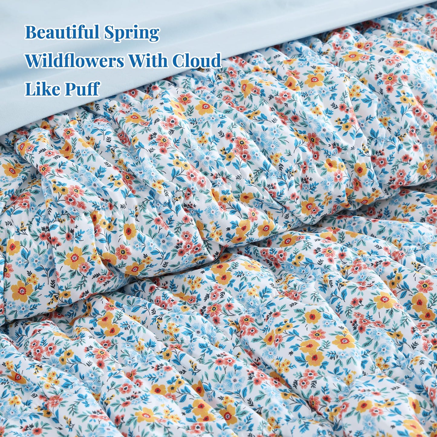 BLOOMHAVEN Full Size Comforter Sets-7 Pieces Puff Marigold Blue Floral Bedding Set for All Seasons, Shabby Chic Farmhouse Bed in a Bag Full with Floral Comforter, Sheets, Pillowcases & Shams
