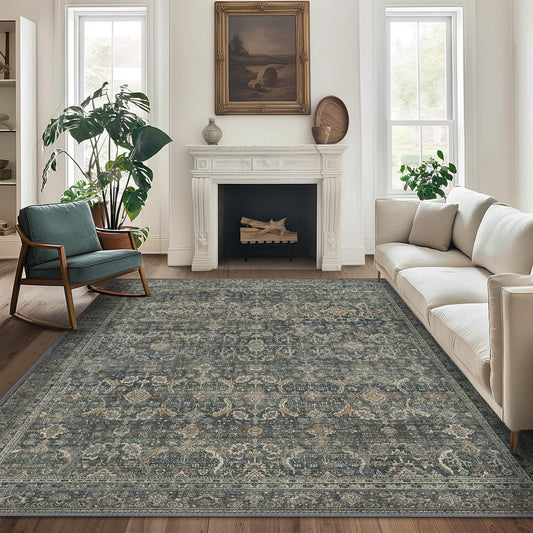BESBLEE 8X10 Area Rugs Machine Washable Rugs for Living Room, Vintage Boho Large Rugs for Bedroom Dining Room, Non Slip Indoor Soft Distressed Lightweight Thin Low Pile Carpet, Deep