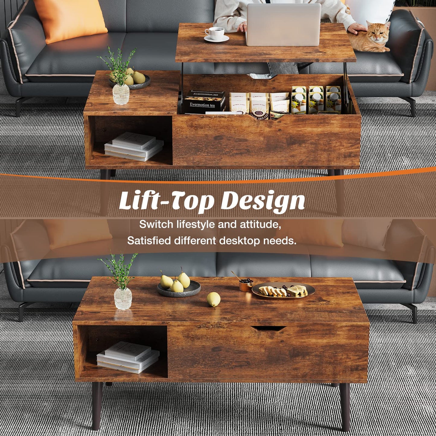 Sweetcrispy Wood Coffee Table Lift Top Coffee Tables for Living Room Office, Small Rising Wooden Center Tables with Large Storage Shelf and Hidden Compartment, Brown