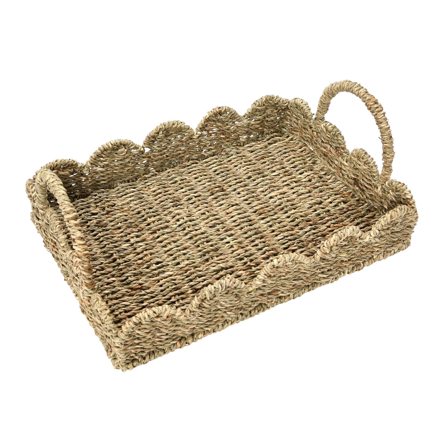 Household Essentials Seagrass Decorative Tray with Scalloped Edge, Handwoven Natural Wicker Organizer Basket with Handles & Iron Frame for Coffee Tables, Bathrooms & Countertops