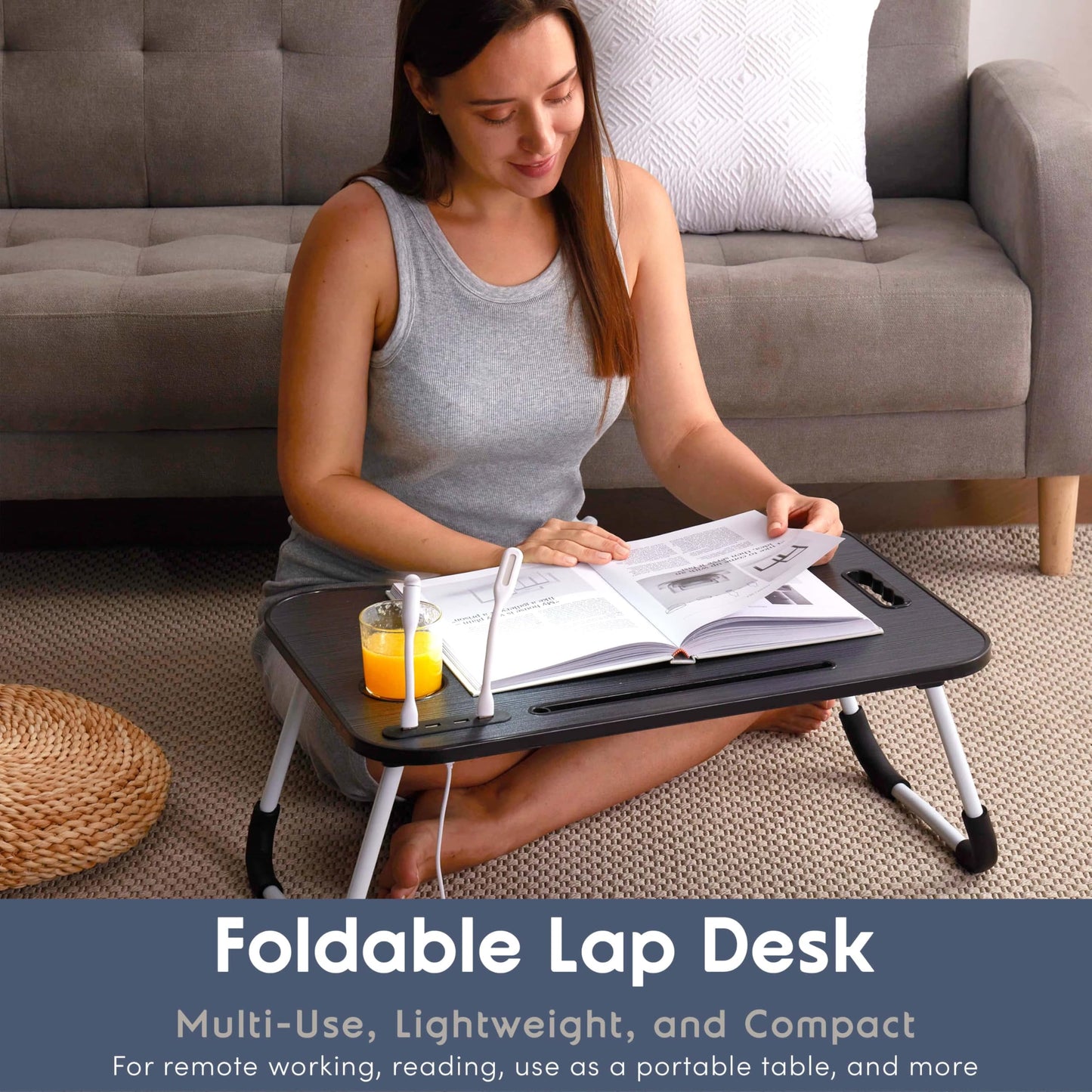 Nestl Foldable Lap Desk - Portable Laptop Stand for Bed, Couch, Work, Reading & Writing, Lap Table with USB Ports, Large Laptop Tray, Black