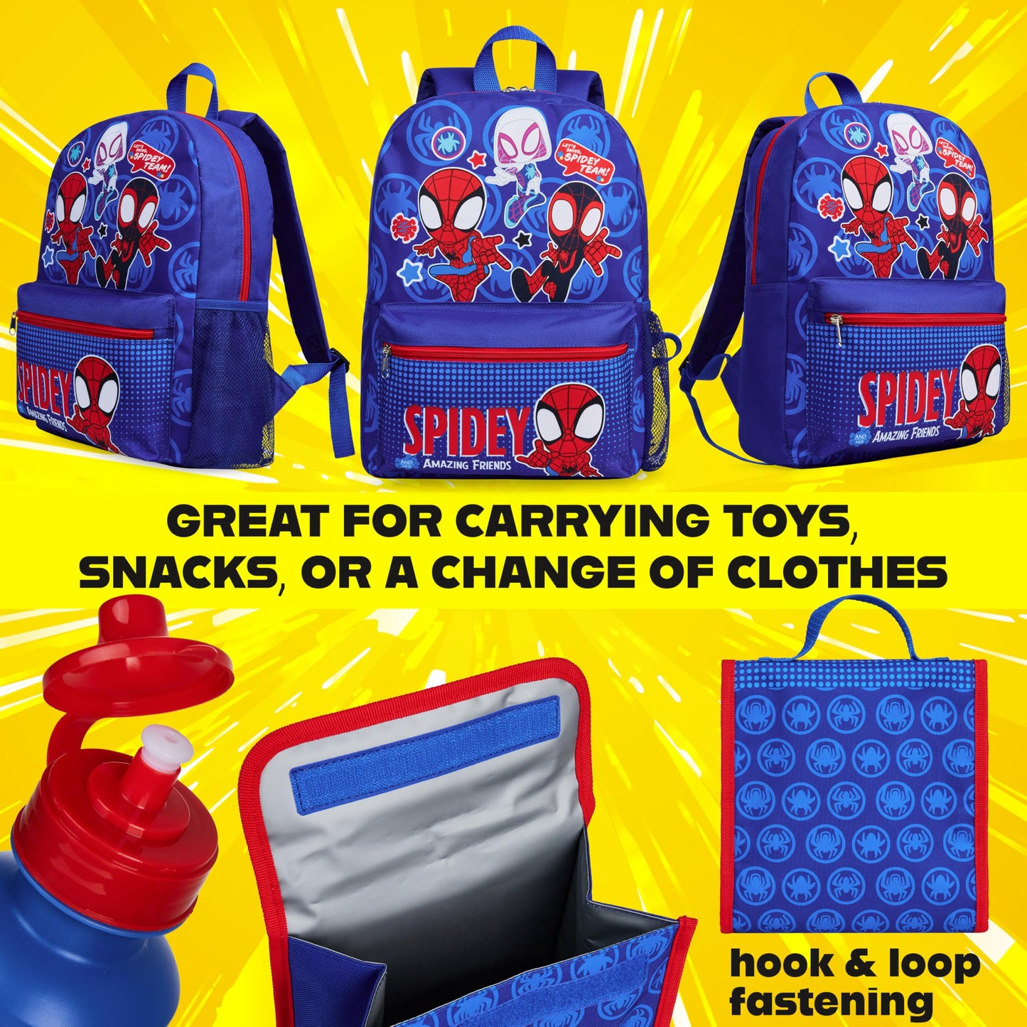 Marvel Spiderman Backpack Set 4 Pcs Water Bottle Pencil Case Lunch Bag or Wallet Key Ring School Supplies Gifts for Kids (Spidey)