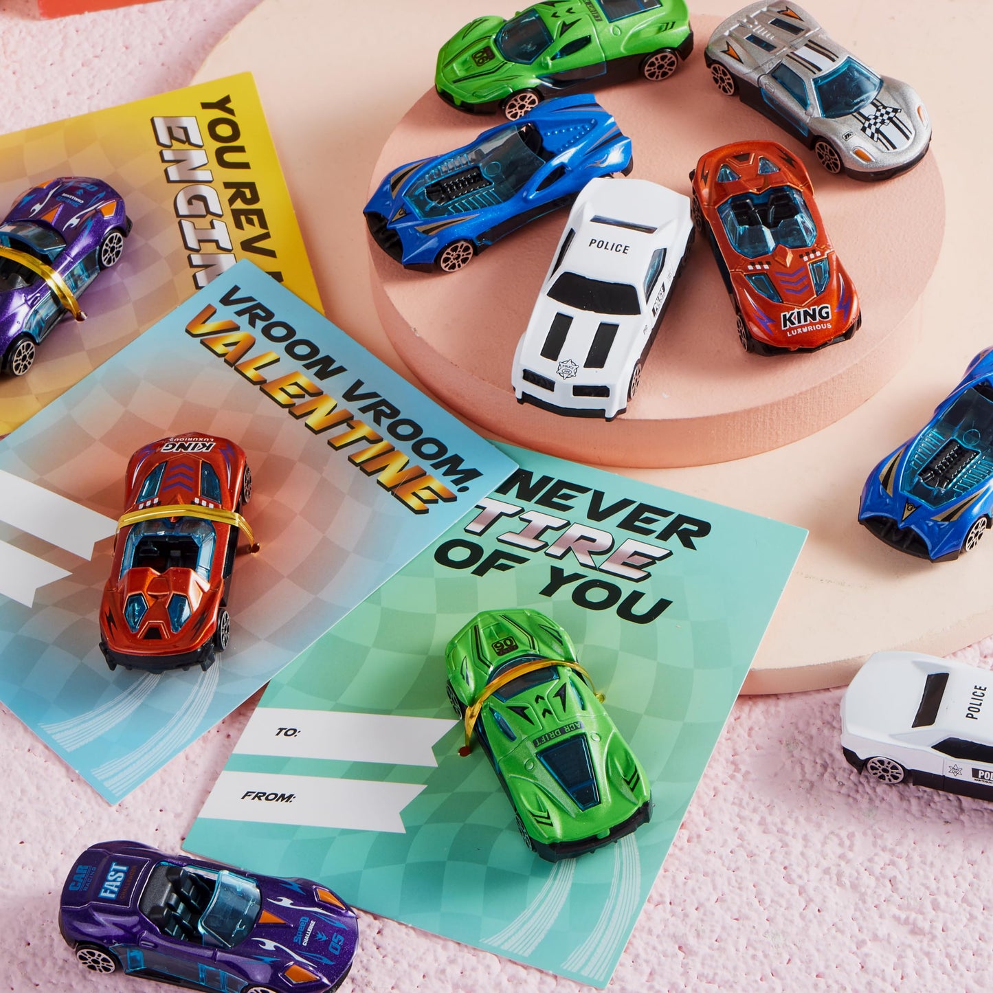 JOYIN 28 Valentines Day Cards with Die-Cast Racing Cars for School Classroom Exchange
