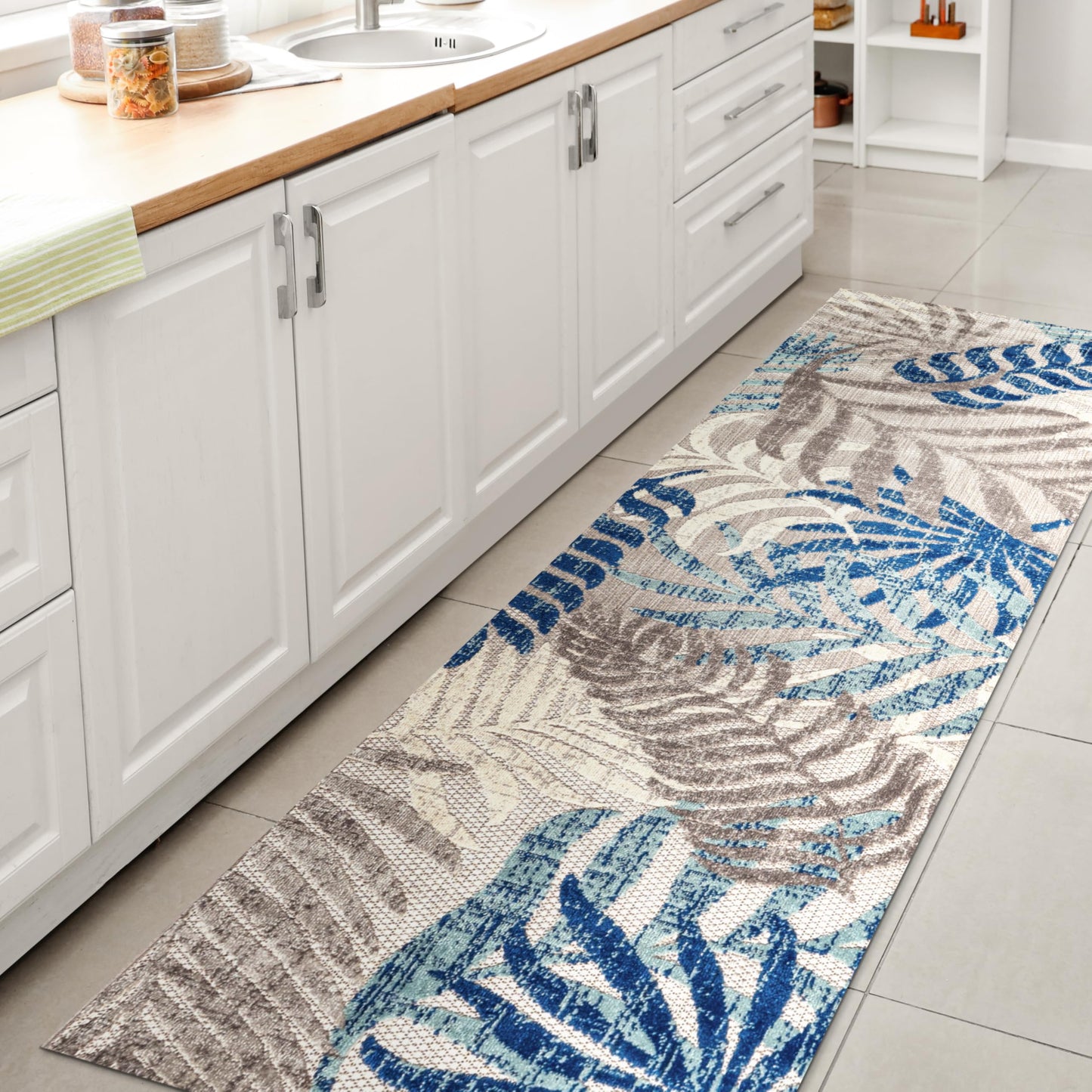 JONATHAN Y Tropics Palm Leaves Indoor Outdoor Runner Rug 2X10 Gray/Blue, Boho for Backyard, Patio, Porch, Easy-Cleaning, High Traffic, Pet-Friendly, Non-Shedding (AMC100A-210)