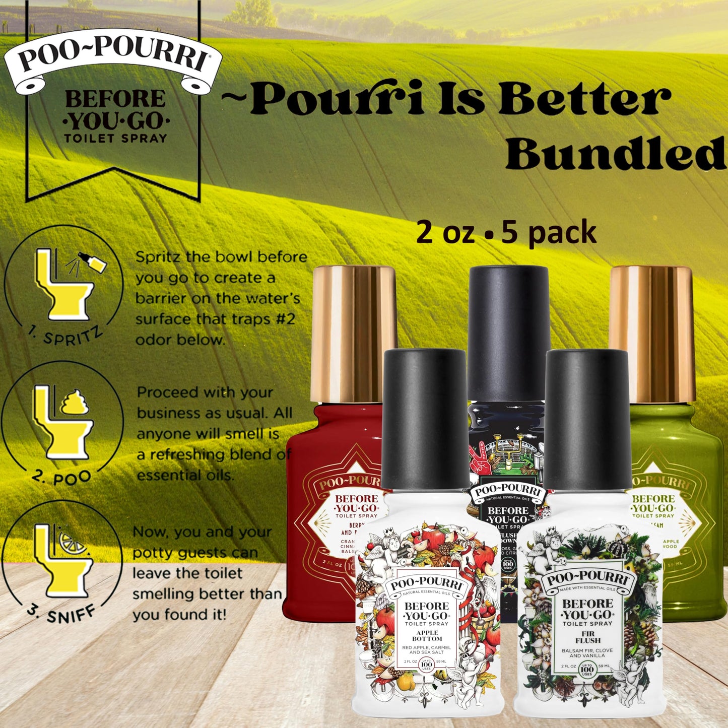 Poo-Pourri Before You Go Toilet Spray 5 Pack Set 2 oz Bottles, Peaches And Cream, Fir Flush, Flush Down, Berry and Bright, Balsam Bum Set