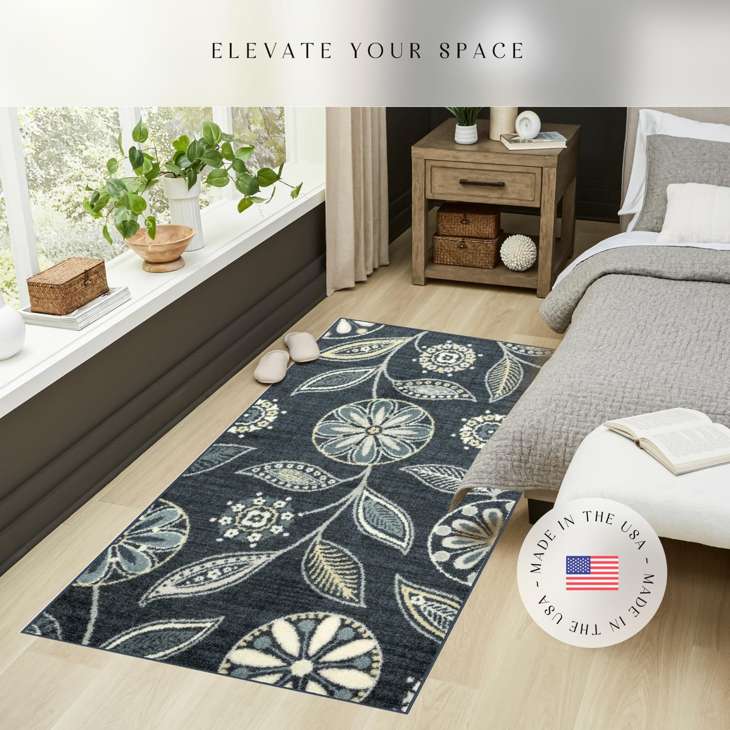 Maples Rugs Reggie Floral Area Rug - Made in USA - Washable, Non Slip, Pet-Friendly Mats for Living Room, Bedroom, and Office, 3'4" x 6', Persian Blue