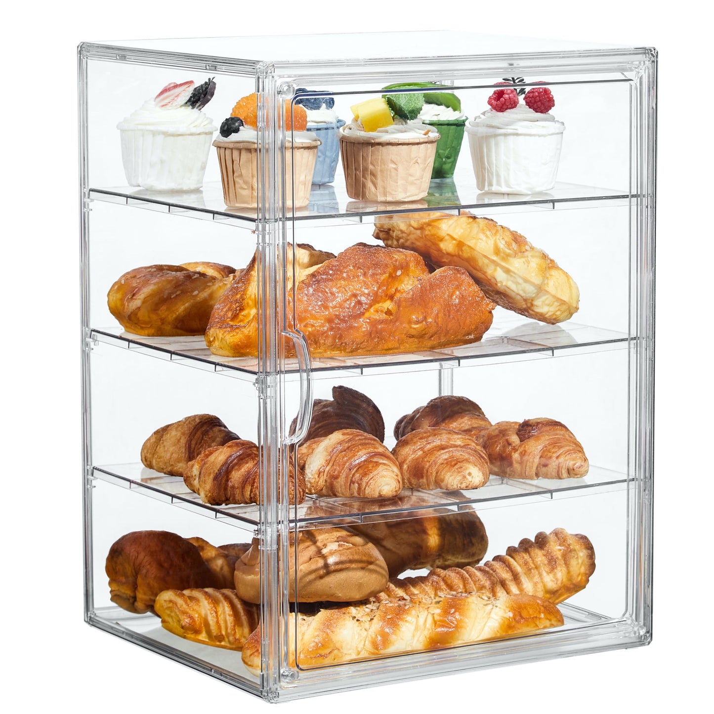 Pastry Display Case,Bread Box for Kitchen Countertop,4 Layers Adjustable Clear Bread Storage with Magnetic Door Bakery Pastry Display15.5x11.4x9.8inch，1 Pack