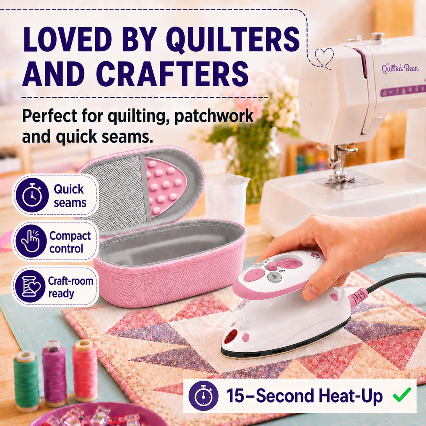 The Quilted Bear Premium Mini Steam Iron - Lightweight Mini Travel Iron for Effortless Quilting & Wrinkle-Free Clothes with Carry Case & Iron Rest Set - Travel Steamer for Clothes & Crafts (Pink)
