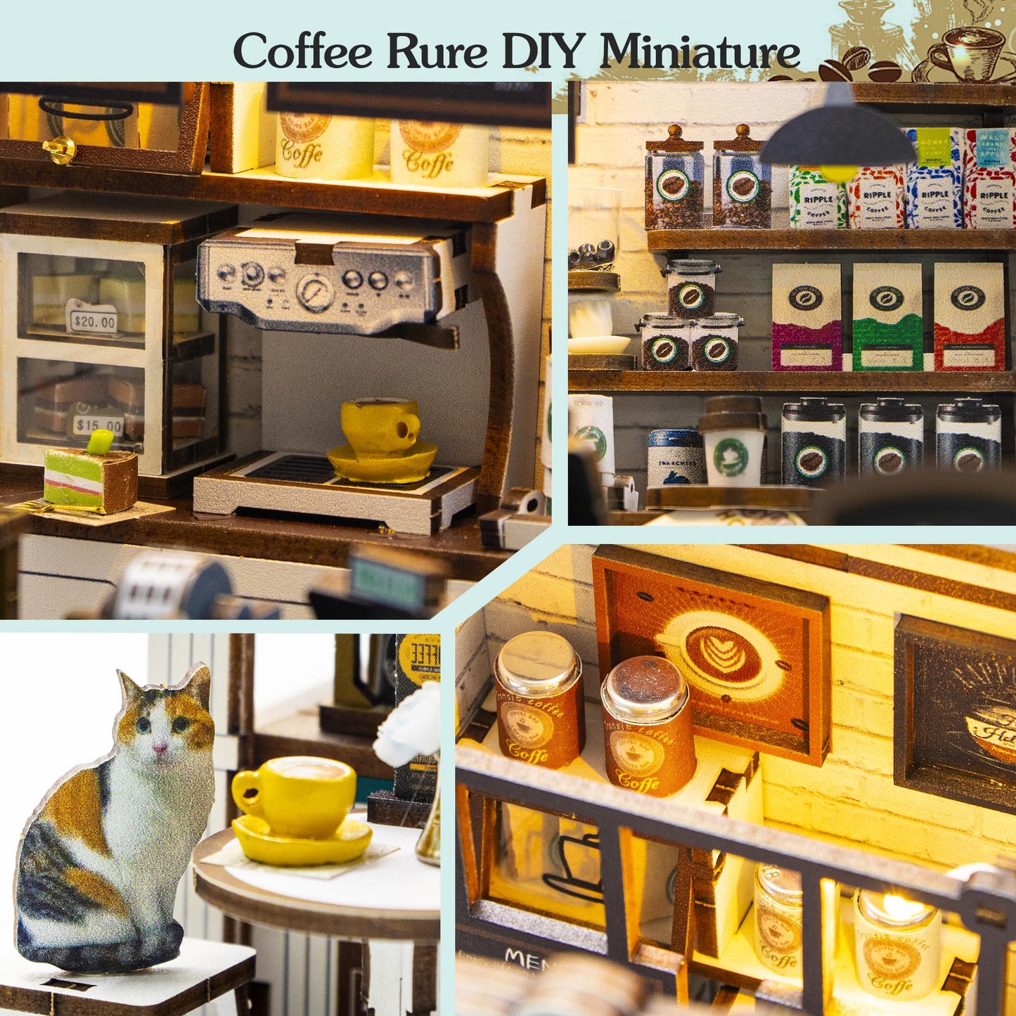 Soothee DIY Miniature Coffee Shop Kit, 3D Wooden Puzzle for Adults and Teens, Book Nook Bookshelf Decor with LED Light, 14+ Years