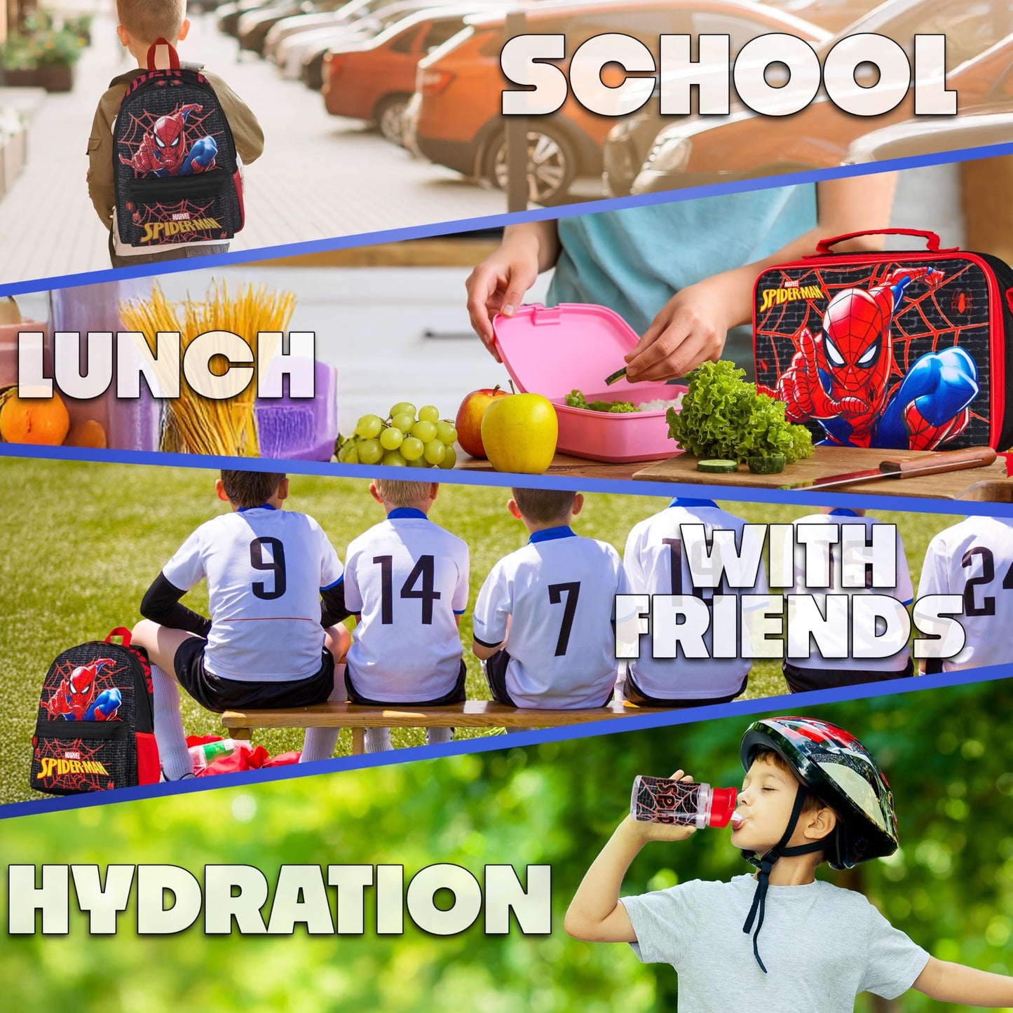 Marvel Spiderman Backpack Lunch Box Water Bottle Pencil Case 4 pc Set for Boys Girls Bookbag Picnic Backpacks Gifts for Kids