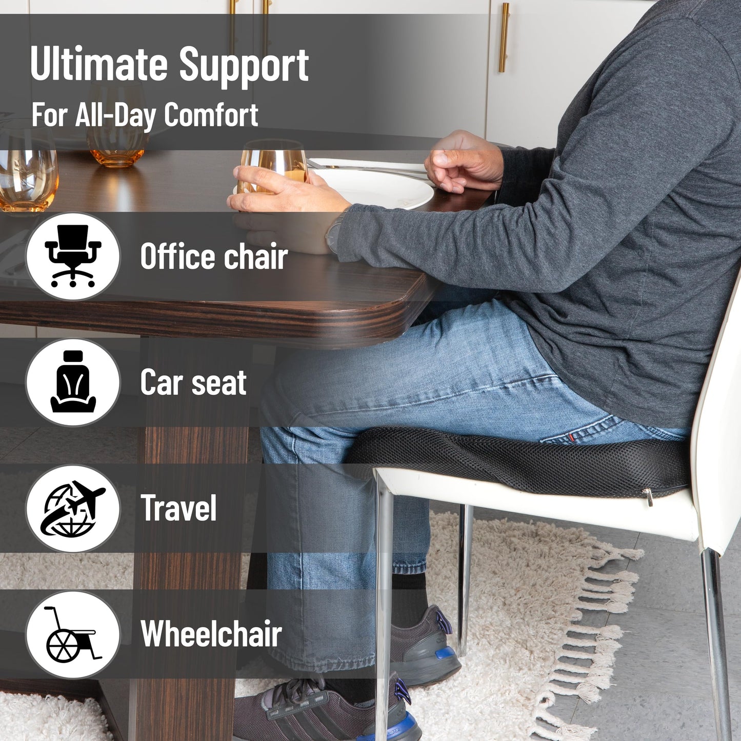 Mind Reader Air-Cloud Seat Cushion, Ergonomic Support for Posture, Pressure Relief, and Pain Reduction, Portable with Washable Cover, Memory Foam, Black