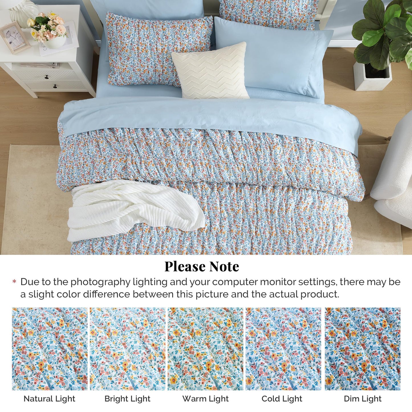 BLOOMHAVEN Full Size Comforter Sets-7 Pieces Puff Marigold Blue Floral Bedding Set for All Seasons, Shabby Chic Farmhouse Bed in a Bag Full with Floral Comforter, Sheets, Pillowcases & Shams