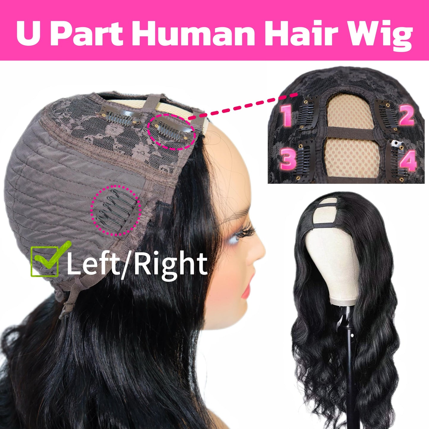 U Part Human Hair Wig Body Wave Glueless Half Wigs for Black Women No Sew In No Leave Out 180% Density Brazilian Virgin U Part Body Wave Wig Human Hair Natural Black Color (18inch)